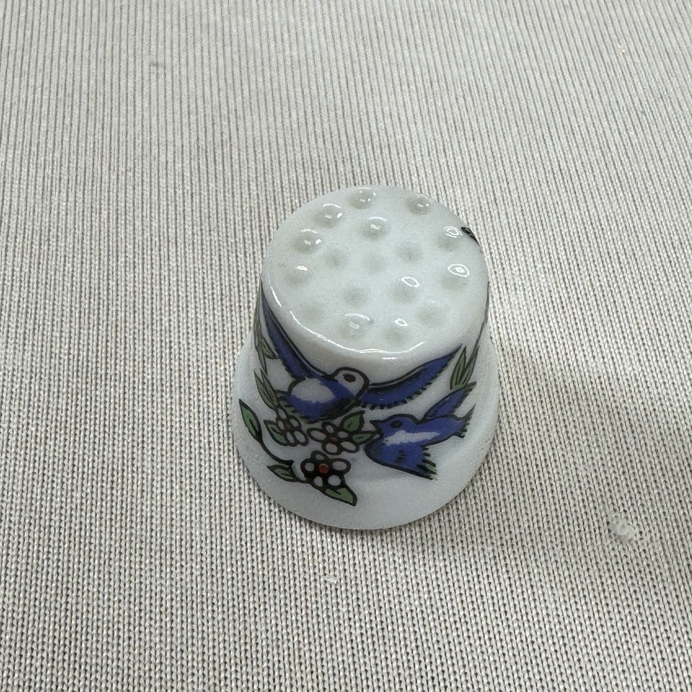 Vintage Ceramic Thimble, Blue Birds With Flower Branches